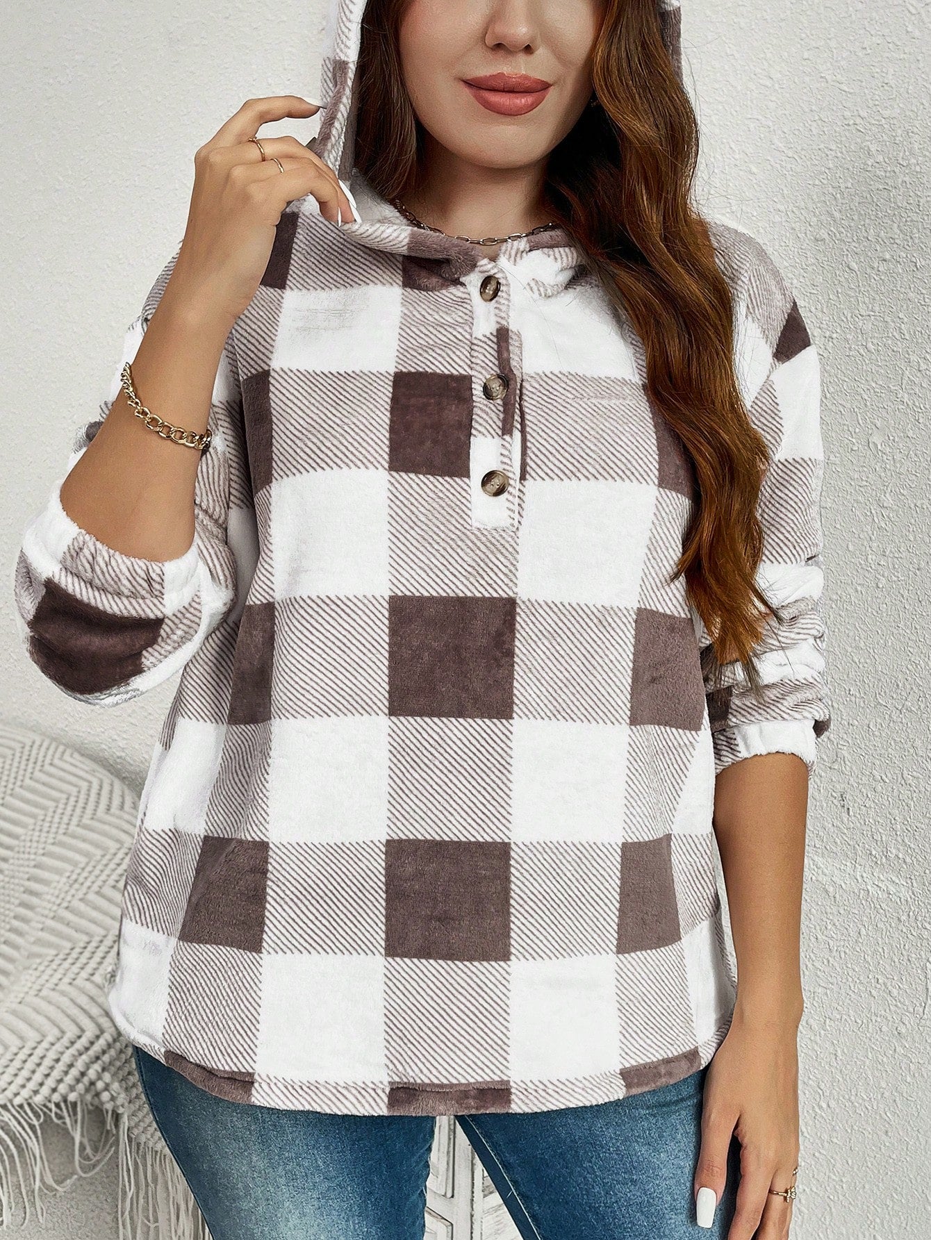 Essnce Plus Size Women's Plaid Hooded Loose Casual Sweatshirt