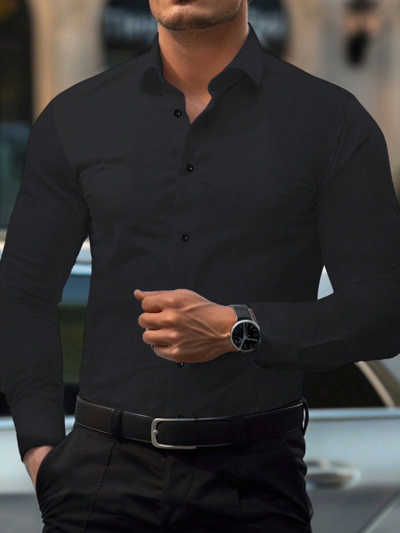 Manfinity Mode Men Solid Button Up Long Sleeve Collar Shirt, For Old Money Men, Work, Husband, Daddy