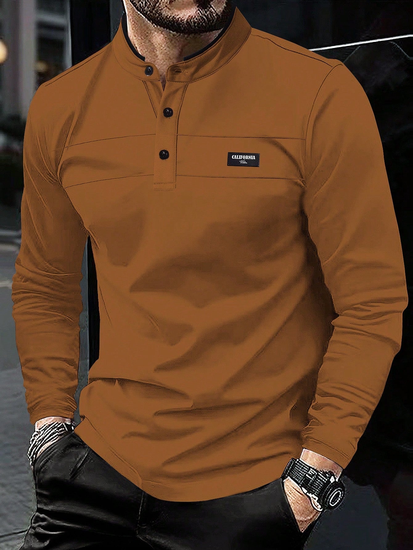 Manfinity Homme Men Color Collar Long Sleeve Formal Work Button Polo Shirt, For Husband