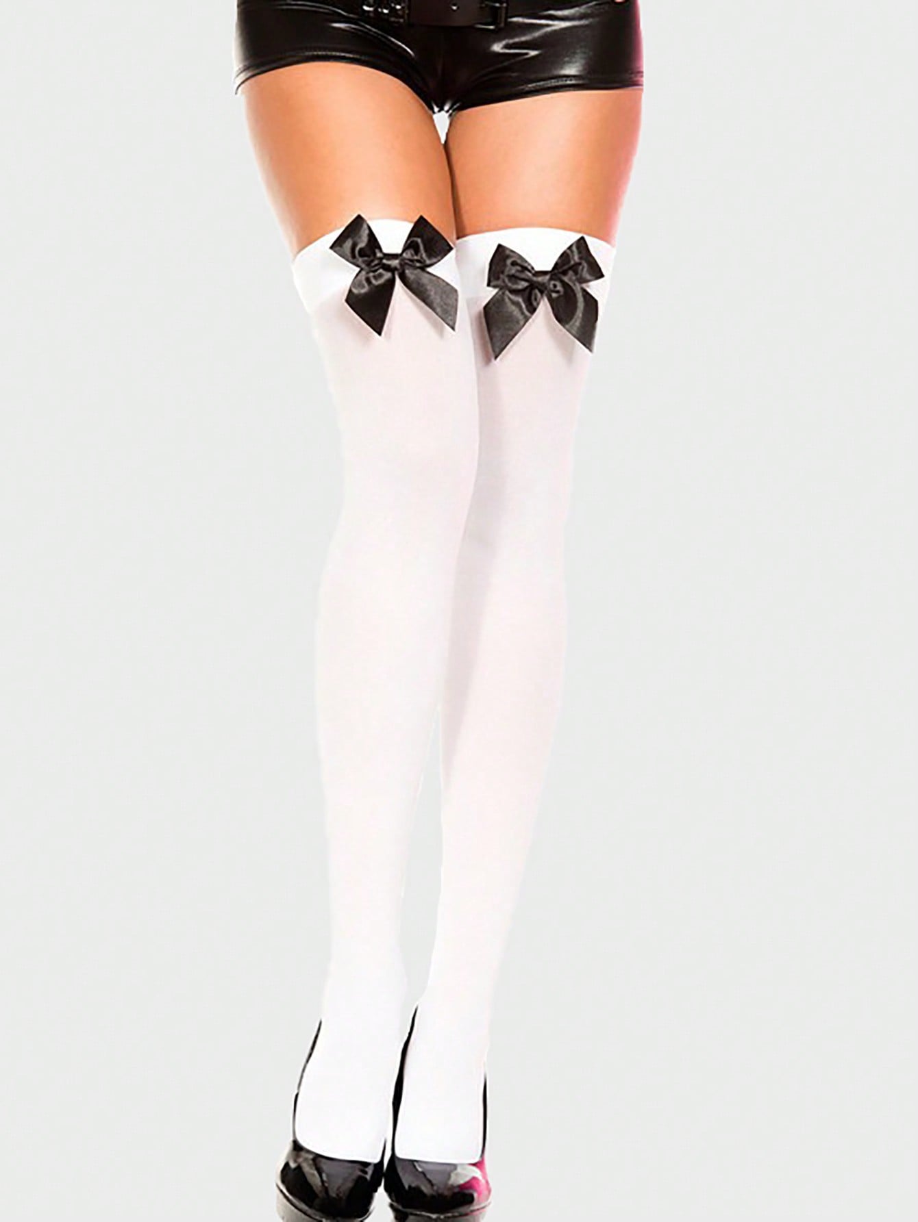 1pair Sexy Bow-Tie Over-The-Knee Socks, Red Bows White Thigh High Stockings For Christmas