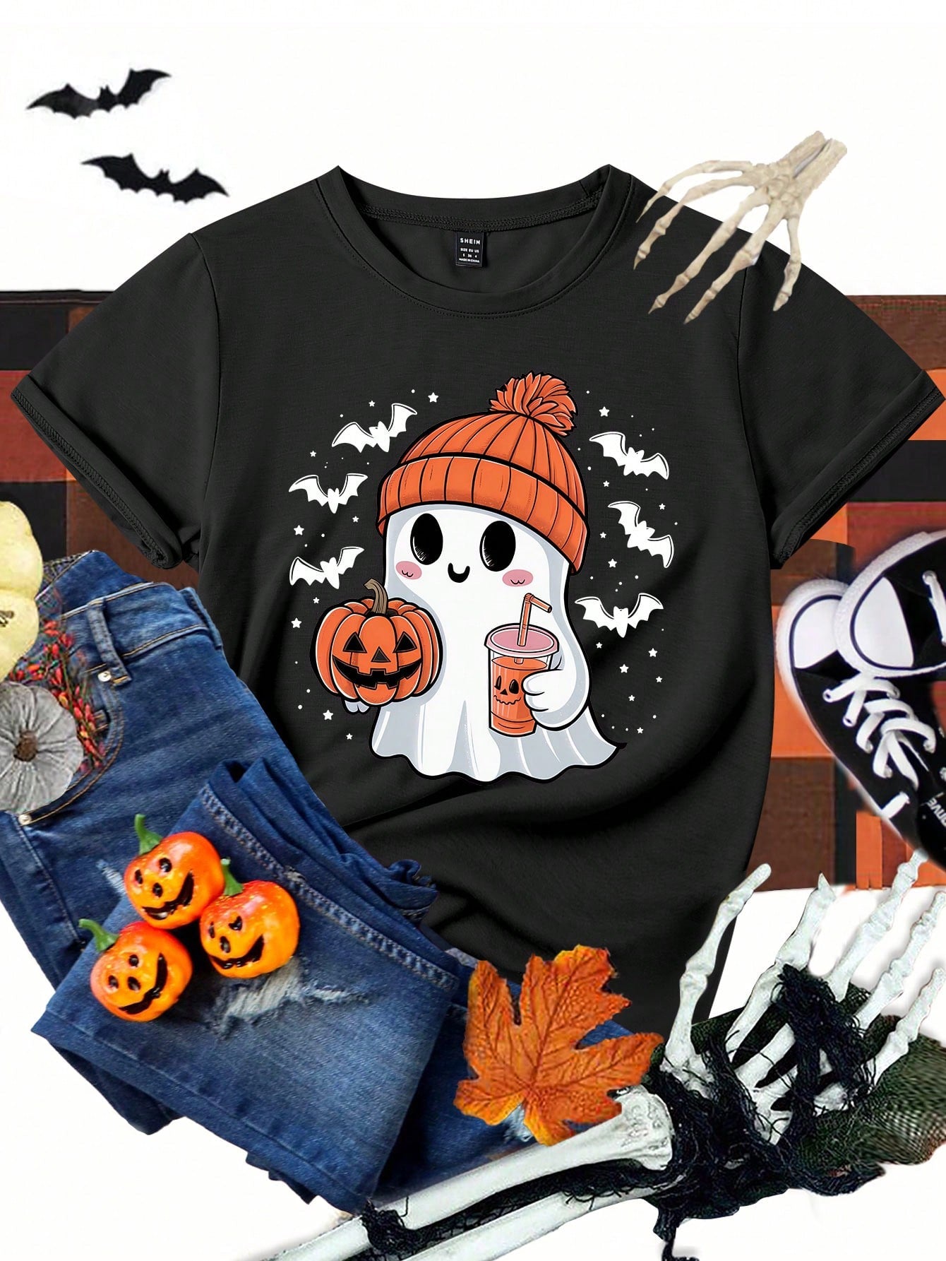 Women's Casual Halloween Elements Cartoon Pumpkin Face Ghost Pattern Printed Basic Short Sleeve T-Shirt