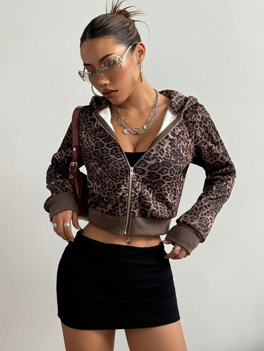 Leopard Print Open Front Hoodie For Women