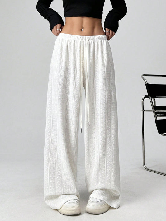 EZwear Women's Fall Solid Color Knitted Jacquard Velvet Drawstring Long White Wide Leg Pants