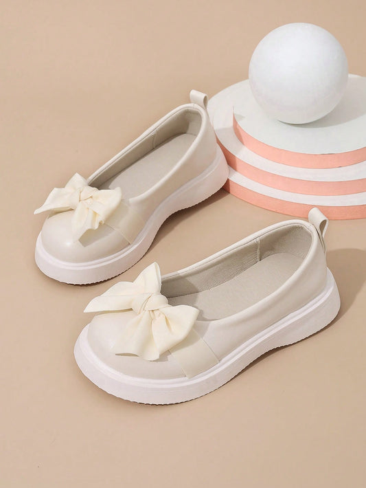 1 Pair Girls Bow Decor Round Toe Slip-On Flats, Solid Color Children Shoes For Princess Party, Casual, Suitable For Spring