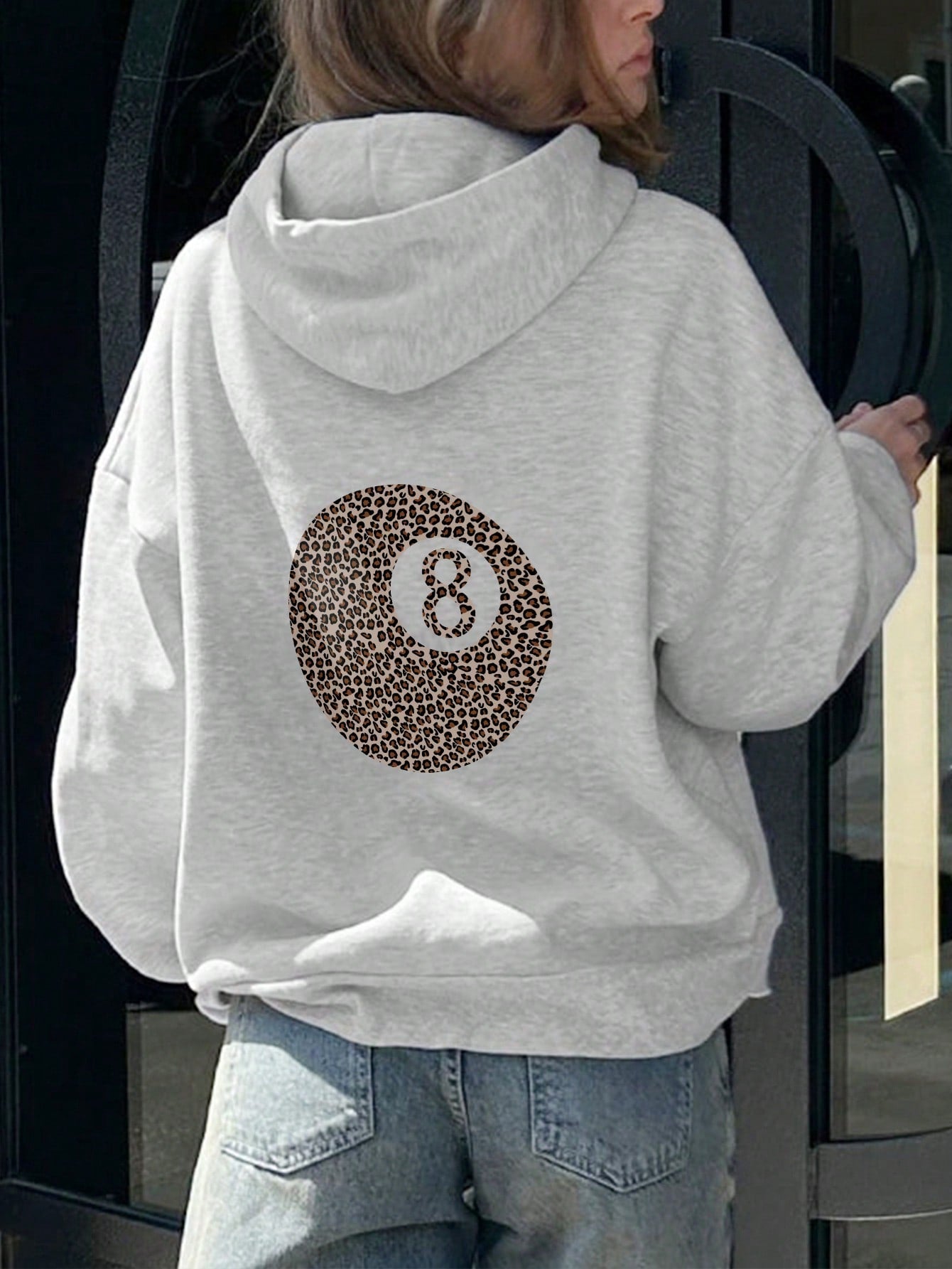 EZwear Leopard Print Numeric Digital Pocket Hooded Sweatshirt