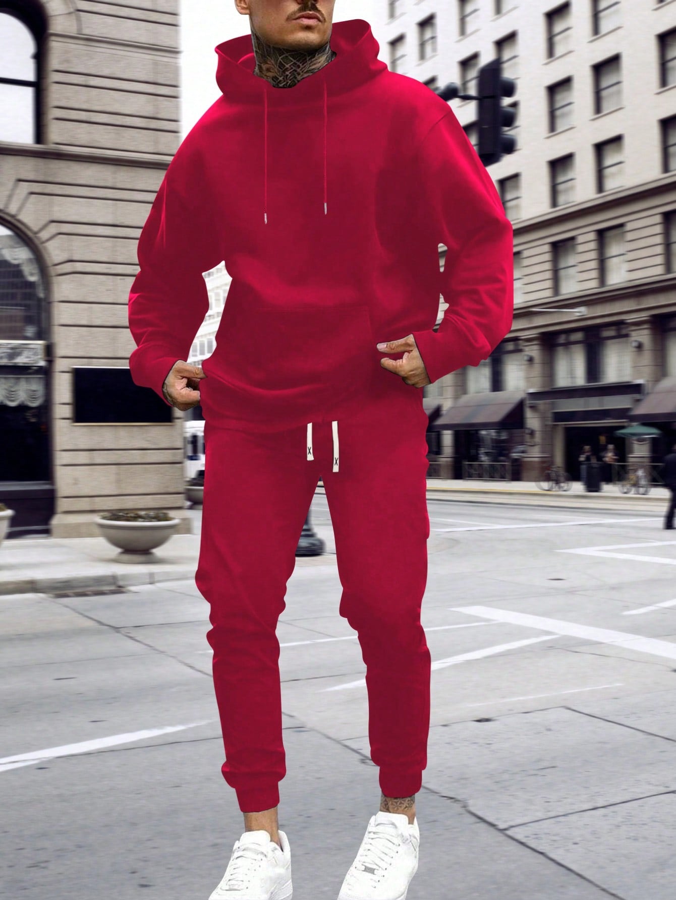 2pcs Men's Basic Solid Color Hooded Sweatshirt And Elastic Waist Drawstring Pants Set, Casual Sportswear Outfit