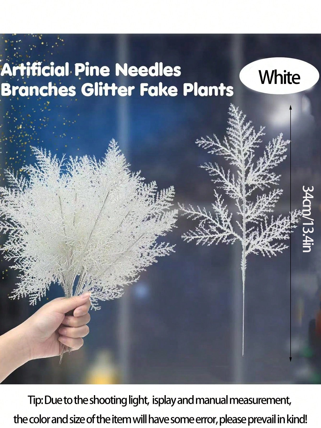 2pcs Artificial Pine Needle Branches, Glitter Leaf Christmas Floral Branches, White Fake Pine Needles For DIY Home Wedding Christmas Tree Decoration Artificial Flowers Wreath,Christmas