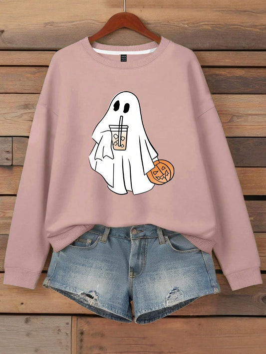 LUNE Women's Cute Little Ghost Drinking Coffee Halloween Spooky Season Women Sweatshirt