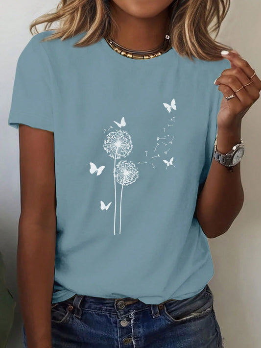 EMERY ROSE Dandelion Butterfly Pattern Short Sleeve Round Neck T-Shirt Casual Graphic Tees Women Tops