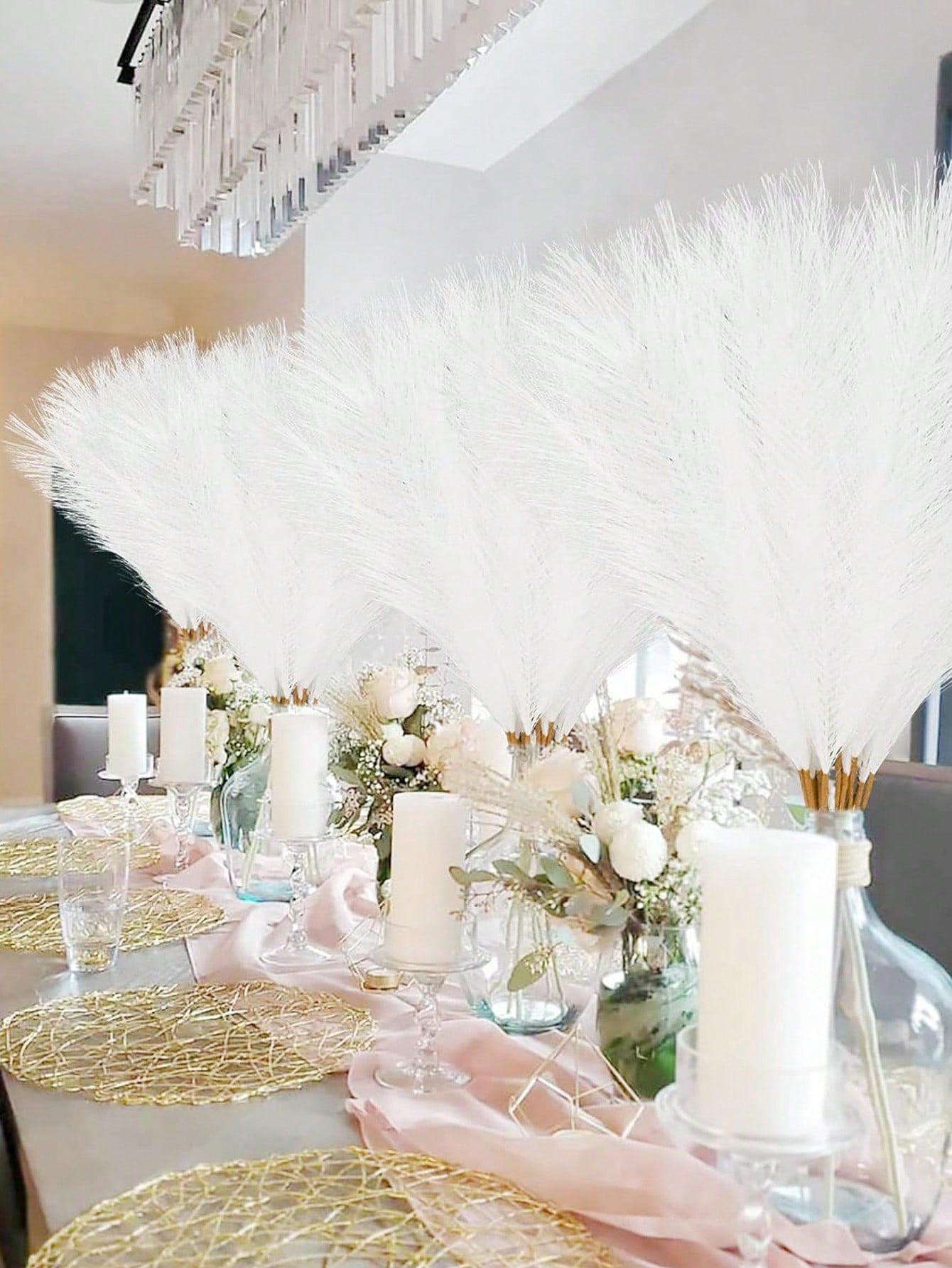 20pcs/10pcs Artificial Reed Grass Boho Christmas Decor Faux Pampas Grass Large Tall Fluffy Artificial Fake Flower Bulrush Reed Grass For Vase Filler Farmhouse Home Kitchen Bohemian Decoration, Room, Wedding Party Decor (White), Christmas Decoration