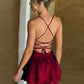 1pc Stylish Backless Drawstring Design Pleated Dress, Sexy Satin Mini Dress For Party, Bar, Home