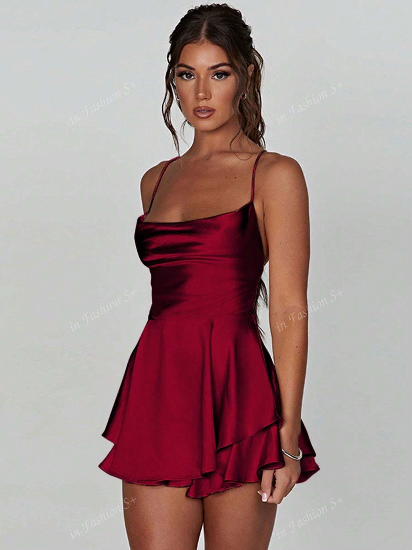 1pc Stylish Backless Drawstring Design Pleated Dress, Sexy Satin Mini Dress For Party, Bar, Home