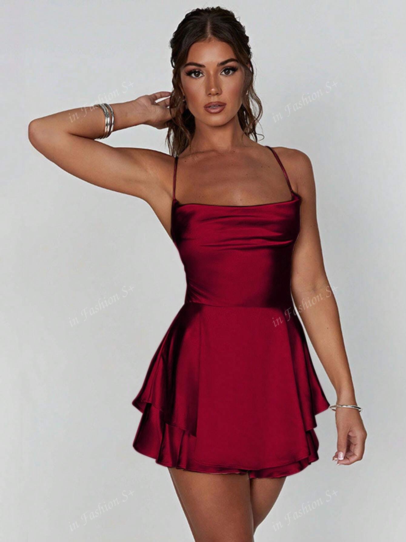 1pc Stylish Backless Drawstring Design Pleated Dress, Sexy Satin Mini Dress For Party, Bar, Home