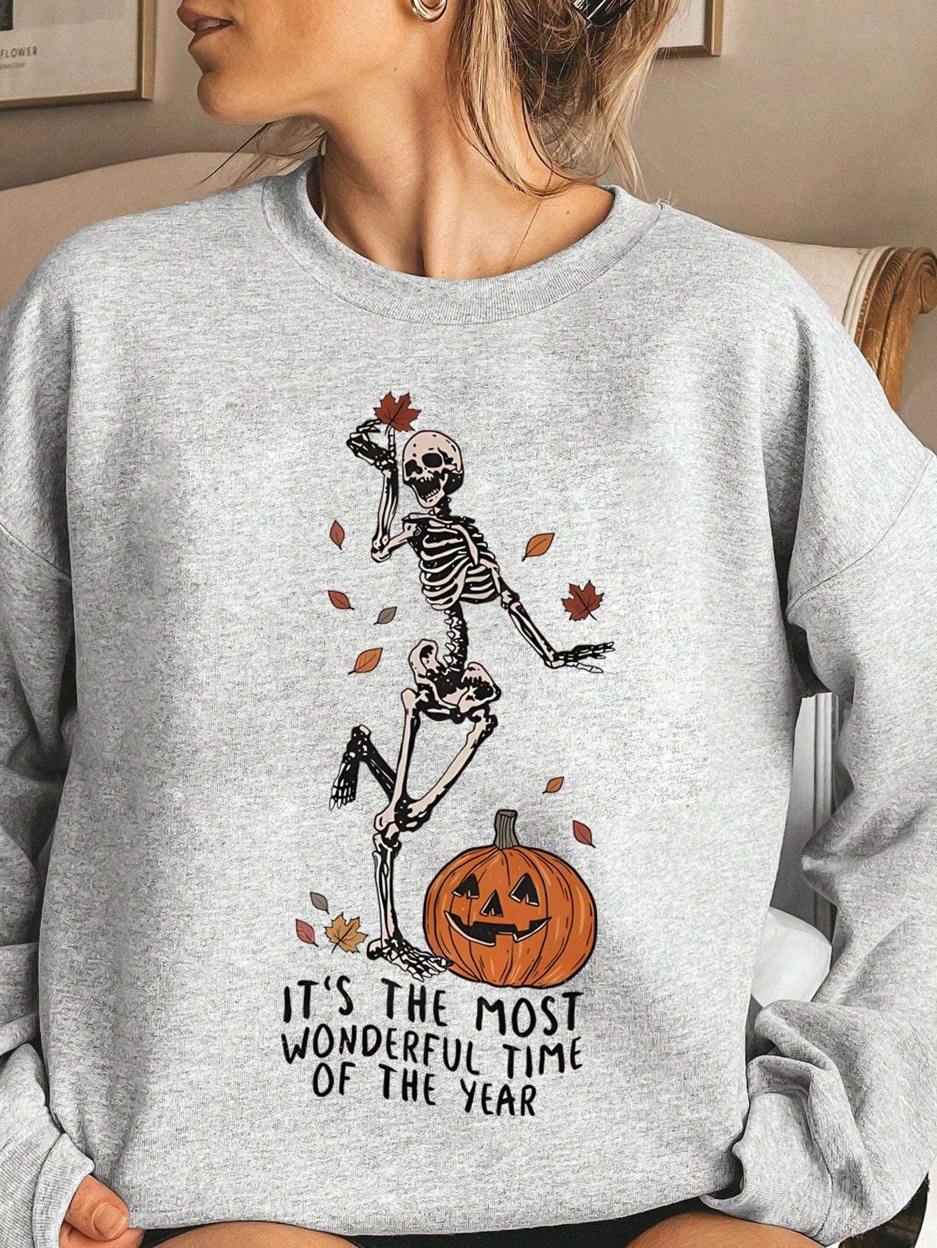 EZwear Plus Size Women Halloween Theme Printed Crew Neck Long Sleeve Sweatshirt