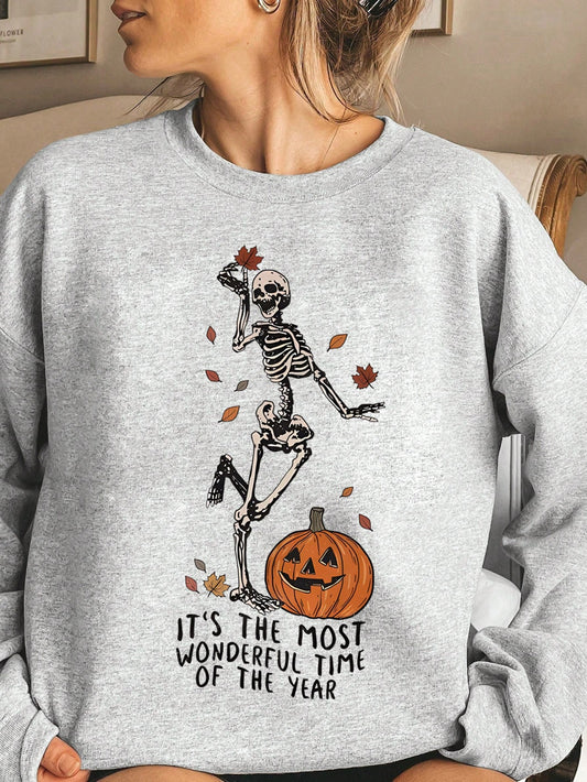 EZwear Plus Size Women Halloween Theme Printed Crew Neck Long Sleeve Sweatshirt