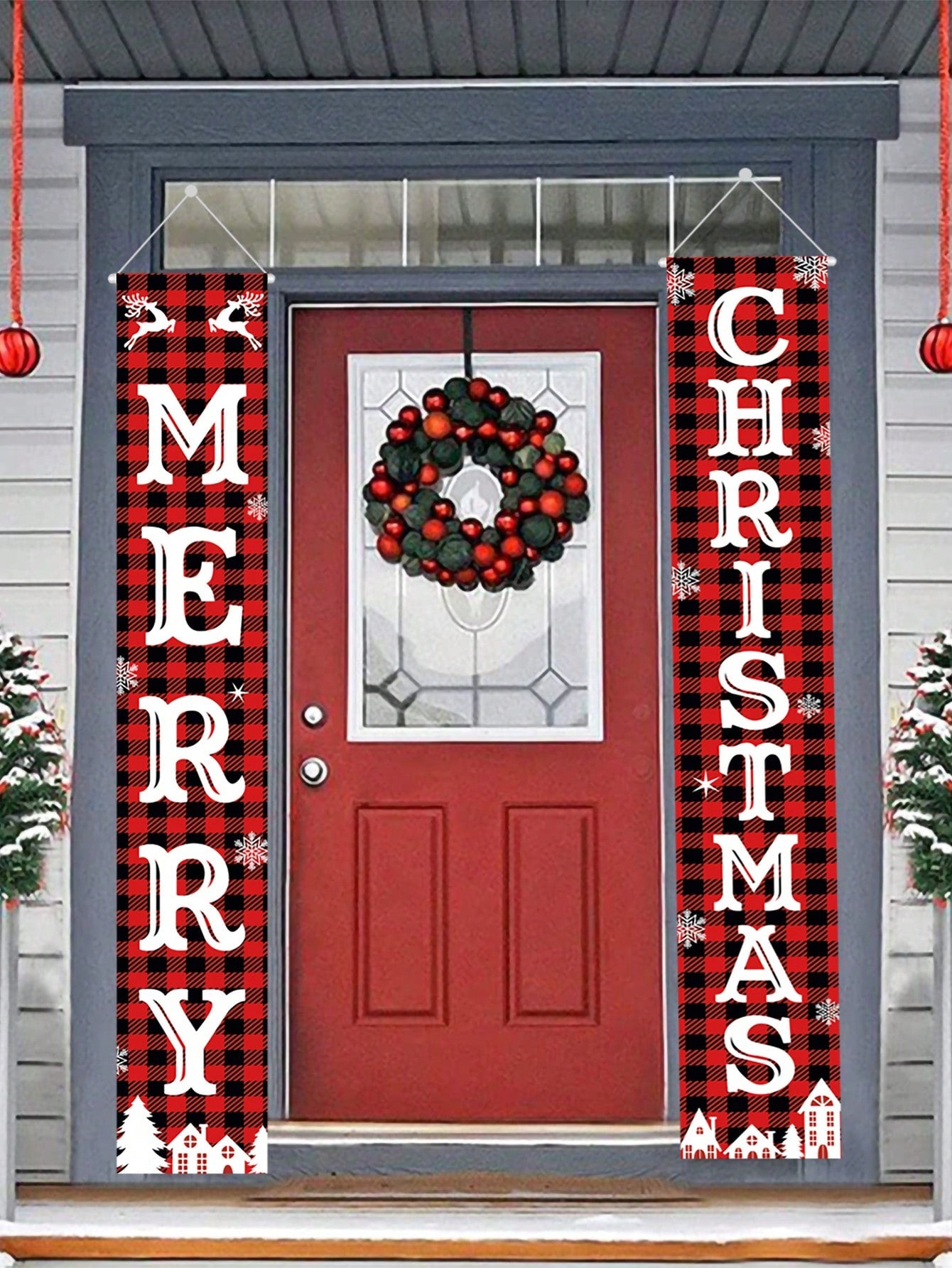 1set Merry Christmas Porch Banner, 30*180cm Red Polyester Outdoor Signs For Front Door