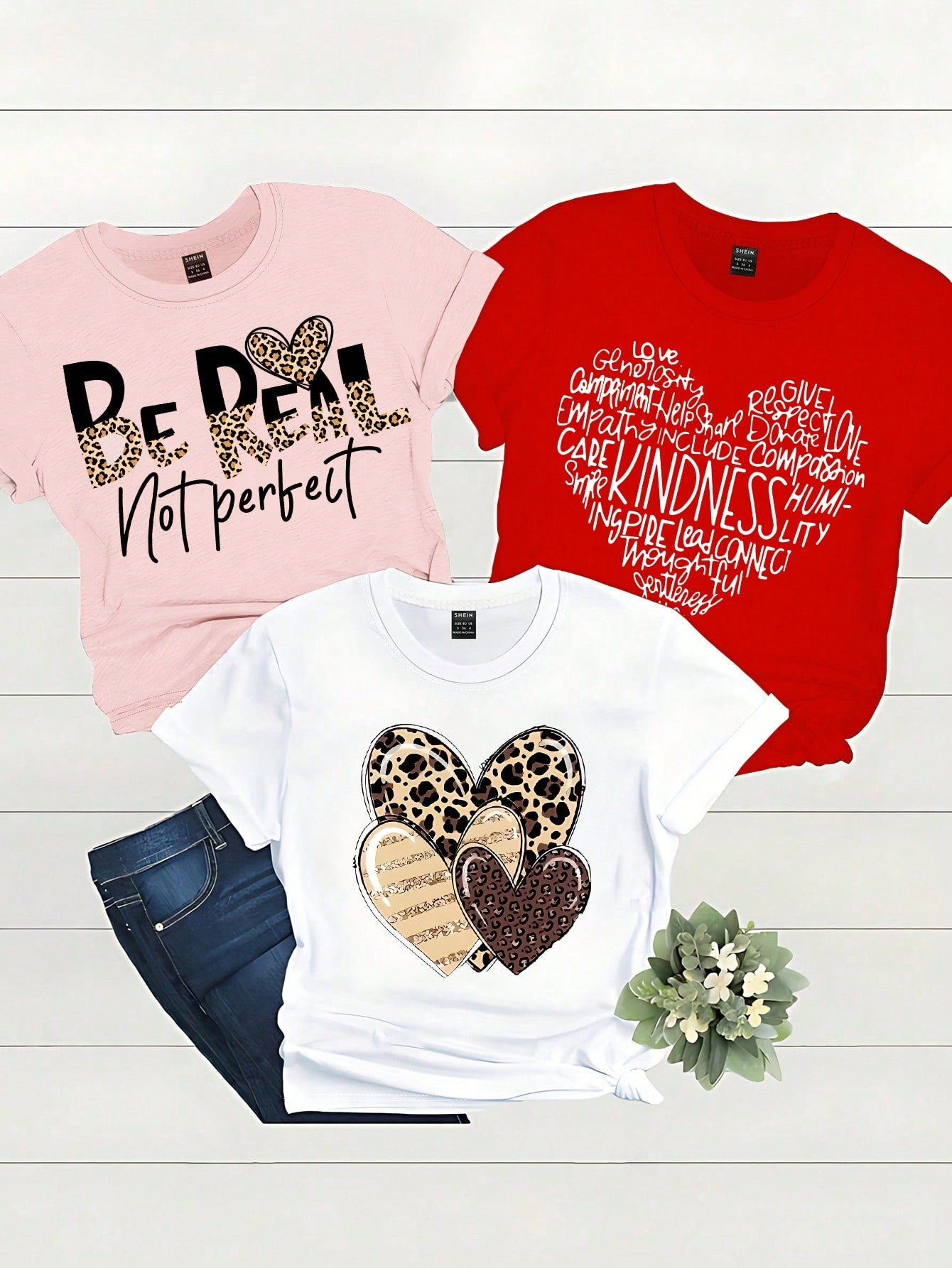 LUNE 3pcs Set Summer Casual English Letter And Heart Print T-Shirts, Short Sleeve Round Neck Graphic Tees Women Tops