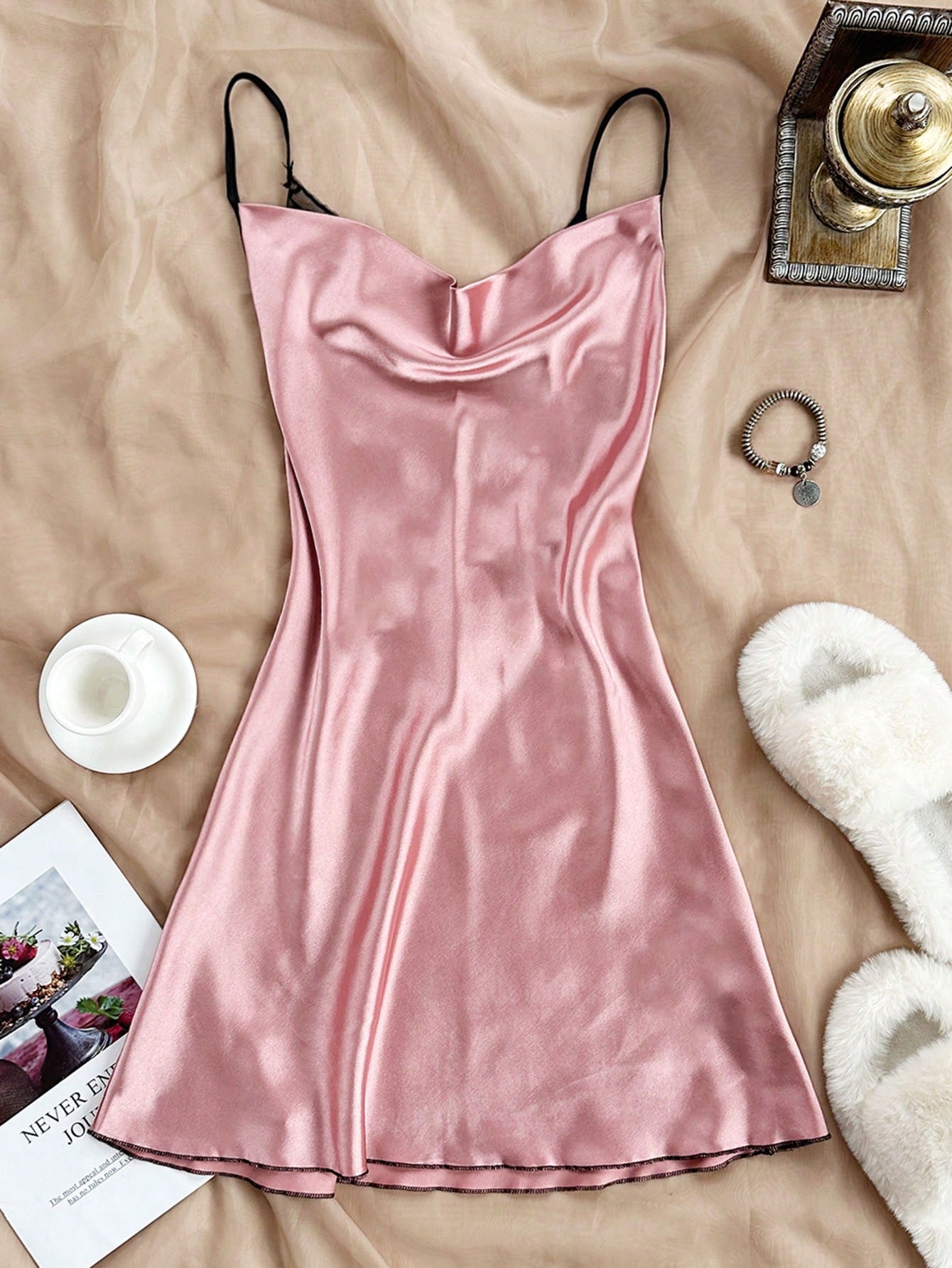 1pc Women's Sexy Backless Spaghetti Strap Mini Dress, Comfortable Satin Solid Color Nightgown, Suitable For Daily Wear, Halloween