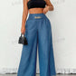 Clasi Teachers' Casual Blue Metal Chain Embellished Wide Leg Loose Pants, Fall