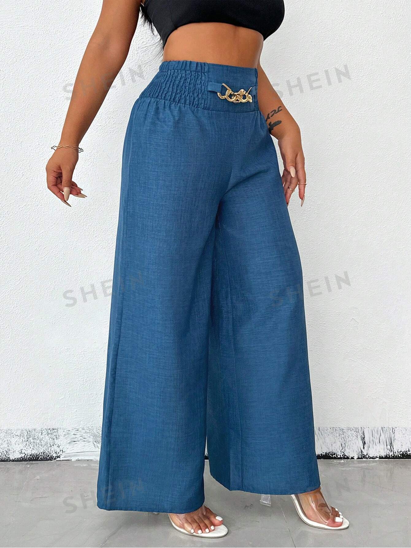 Clasi Teachers' Casual Blue Metal Chain Embellished Wide Leg Loose Pants, Fall