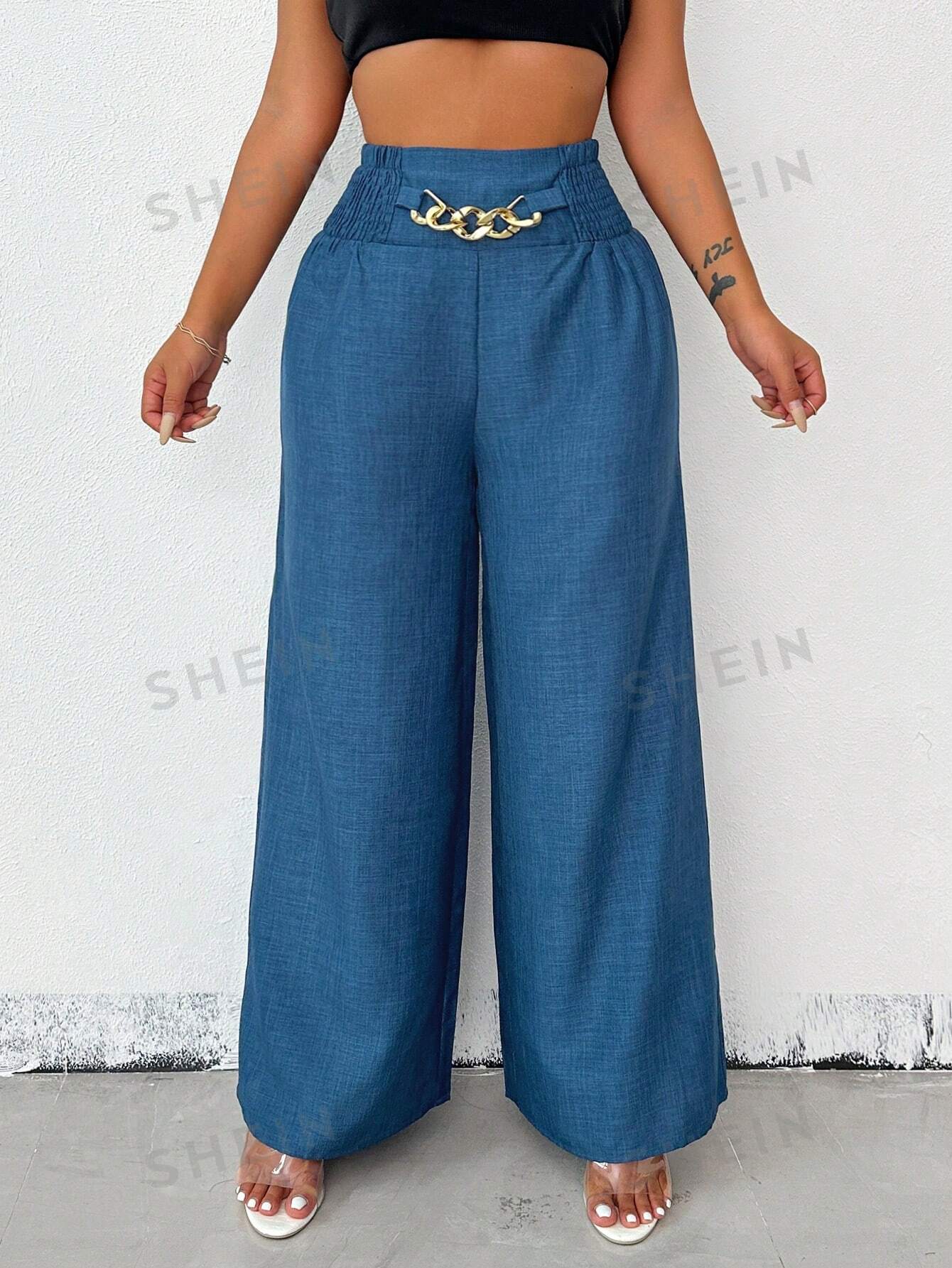 Clasi Teachers' Casual Blue Metal Chain Embellished Wide Leg Loose Pants, Fall