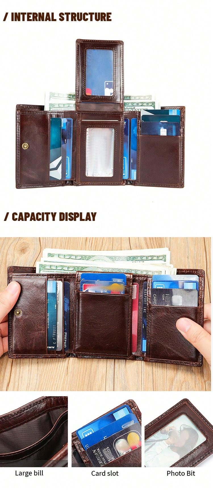 Vintage Genuine Leather Slim Bifold Wallet, Multi-Function ID/Credit Card Holder Purse, Valentine's Day Gift For Men