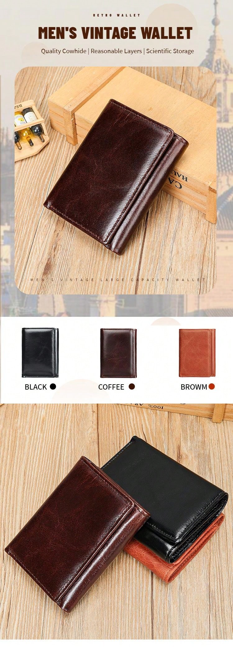 Vintage Genuine Leather Slim Bifold Wallet, Multi-Function ID/Credit Card Holder Purse, Valentine's Day Gift For Men