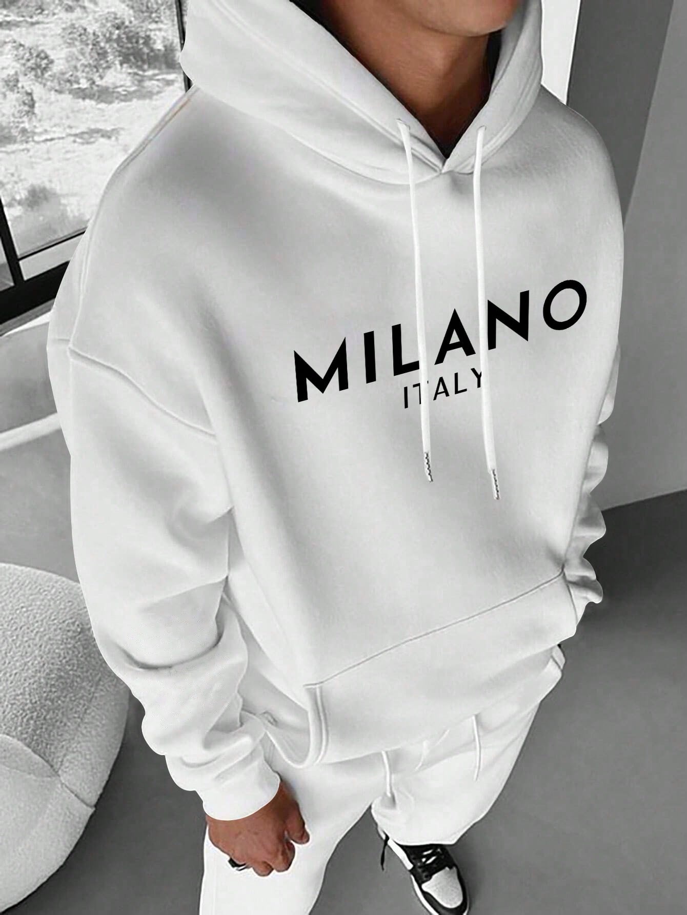 Men's Creative Print Italian Style Casual Pullover Hoodie Sweatshirt With Thermal Lined, Letter Graphic Design, Versatile For Sports And Commute