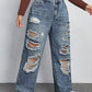 EZwear Plus Size Front Button Multi-Pocket Distressed Simple Casual Straight-Leg Jeans