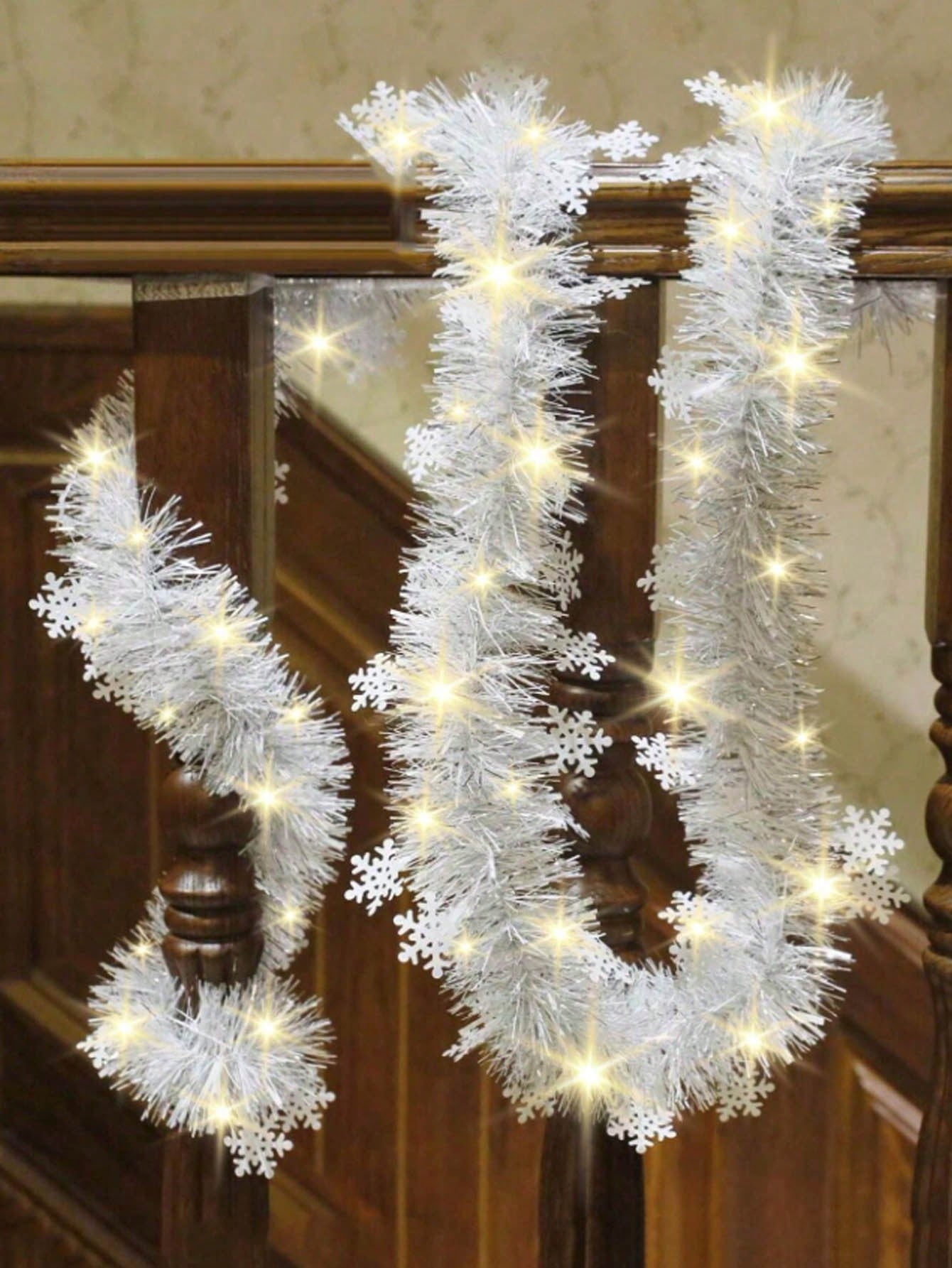 1pc Christmas Snowflake Tinsel Garland, White Garland For Christmas Tree Decoration, Thanksgiving, Theme Party, Hanging Ornaments, Room, Home Decor, Outdoor Garden Yard Decor,Christmas