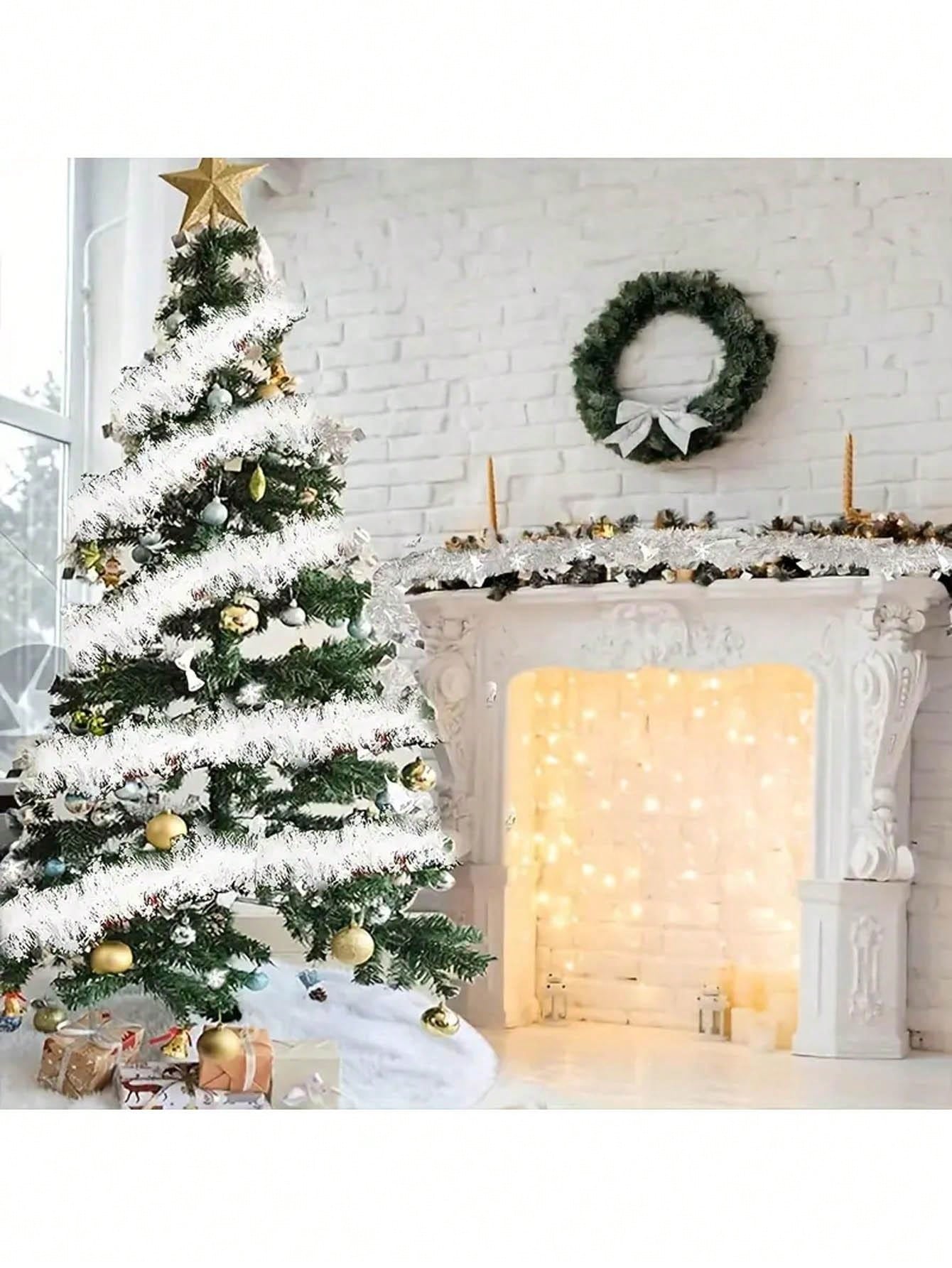 1pc Christmas Snowflake Tinsel Garland, White Garland For Christmas Tree Decoration, Thanksgiving, Theme Party, Hanging Ornaments, Room, Home Decor, Outdoor Garden Yard Decor,Christmas