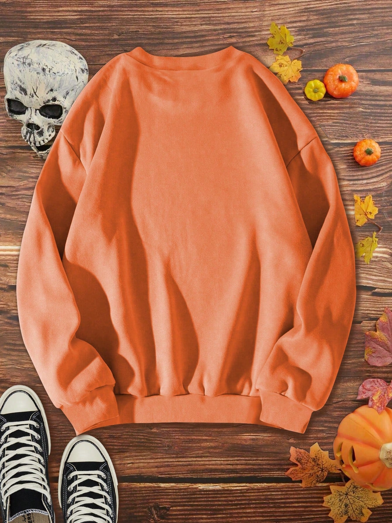 EZwear Halloween Pumpkin Maple Leaf Butterfly Mix Printed Plus Size Round Neck Sweatshirt