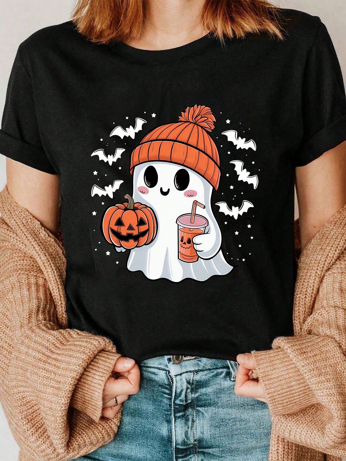 Women's Casual Halloween Elements Cartoon Pumpkin Face Ghost Pattern Printed Basic Short Sleeve T-Shirt