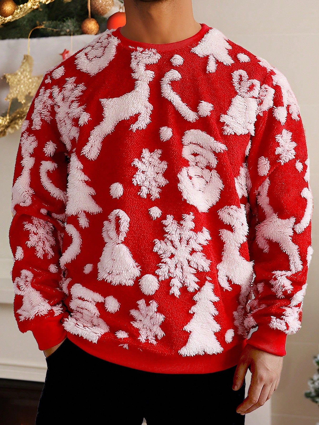 Family Matching Christmas Sweatshirts, Men's Casual Santa Claus Reindeer Snow Flake Allover Print Long Sleeve Crew Neck Pullover Tops, Winter Fashion Family Holiday Outfits