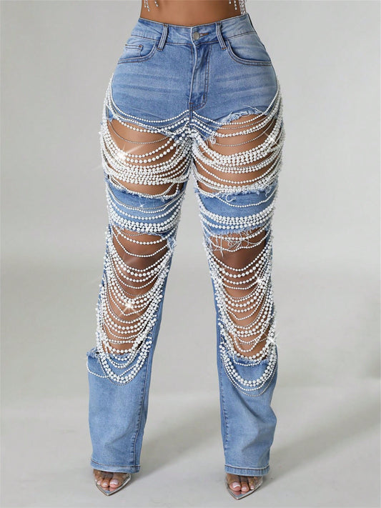 Straight Leg Jeans For Women Mid-Rise Distressed Ripped Hole Pearl Chain Boyfriend Denim Pants