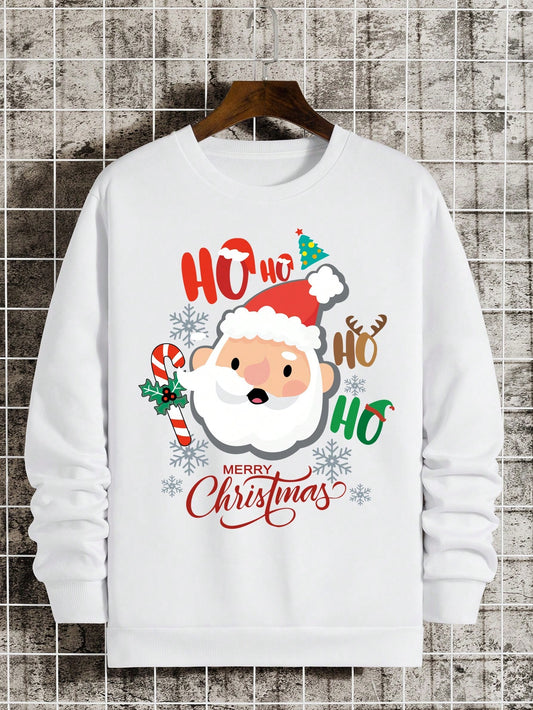 1pc White Father Christmas Print Fleece Lined Round Neck Loose Sweatshirt For Men, Suitable For Daily Activities, Party And Christmas Holidays In Autumn/Winter