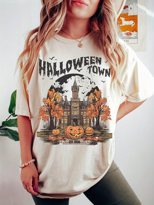 SHEIN LUNE Plus Size Round Neck Short Sleeve Pumpkin Print Casual T-Shirt