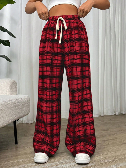 Essnce Women Casual Plaid Print Drawstring Waist Pants