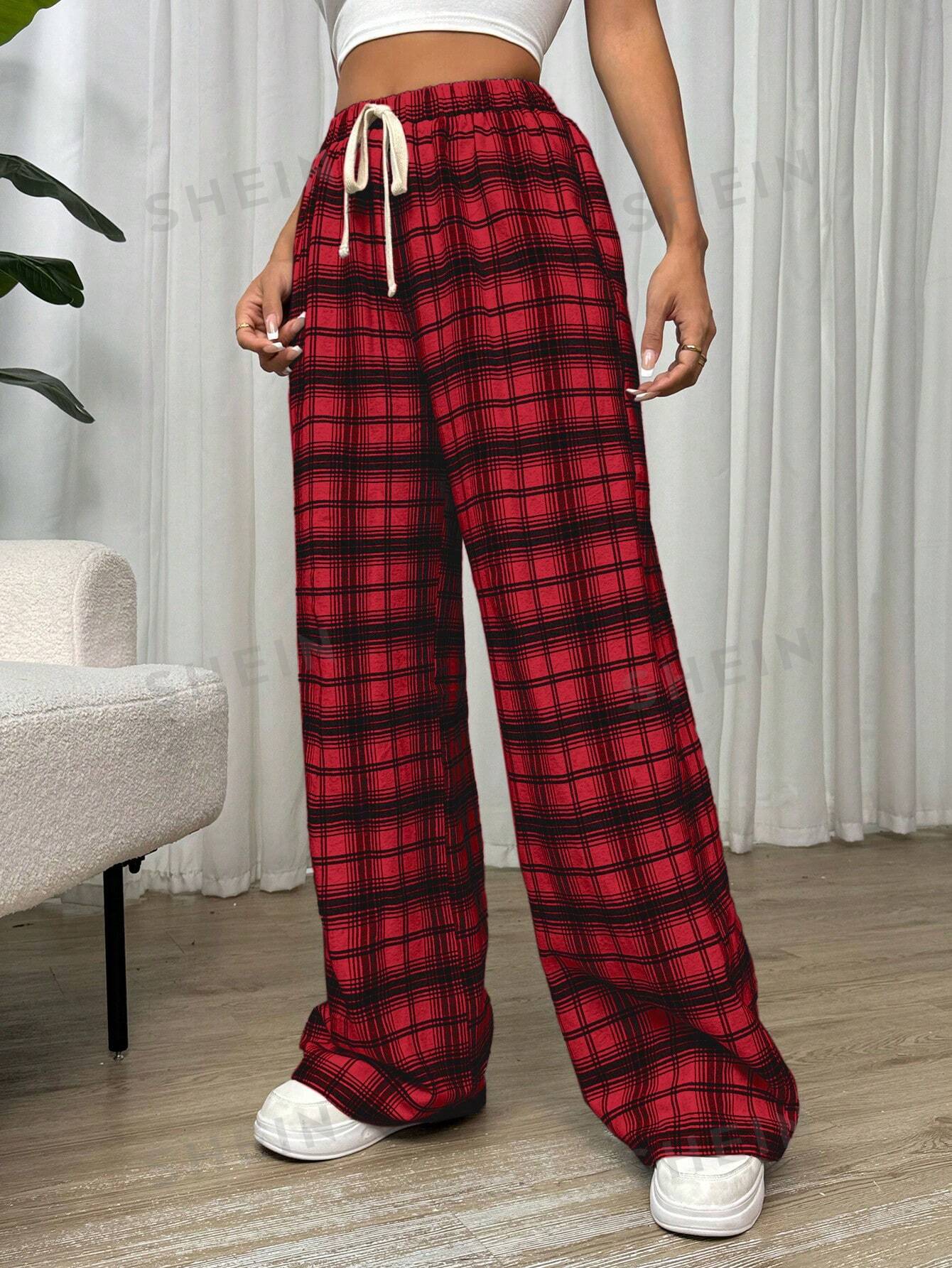 Essnce Women Casual Plaid Print Drawstring Waist Pants