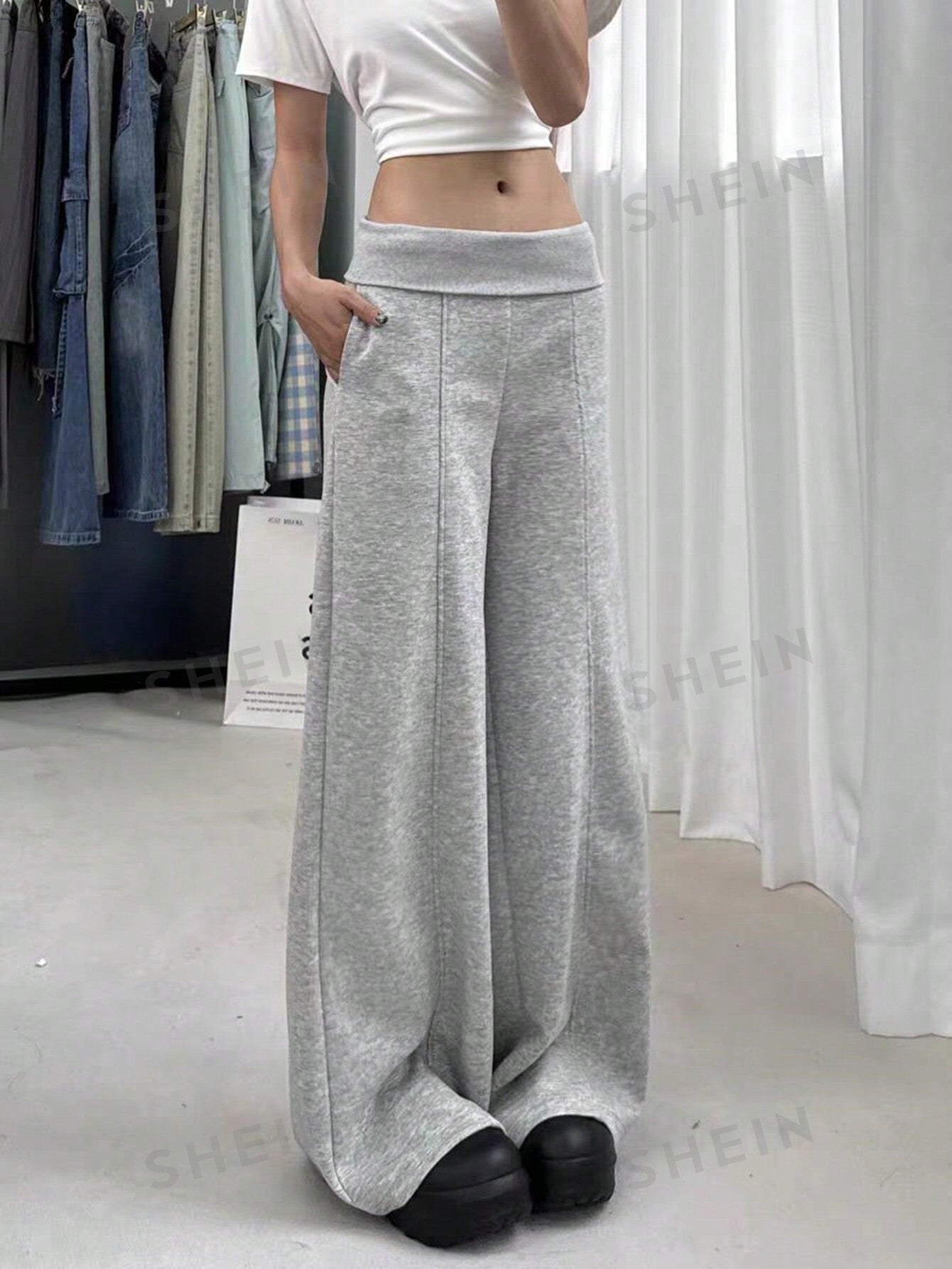 EZwear Women Casual Solid Color High Waist Wide Leg Sweatpants