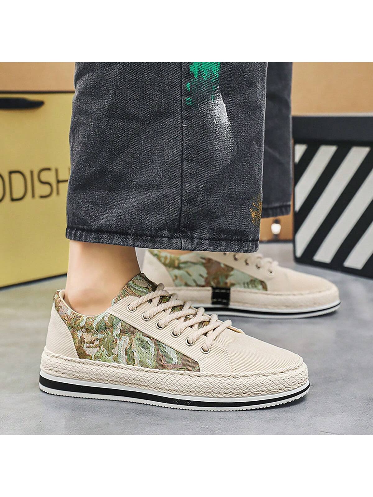 Men's Color Block Lace Up Front Sports Canvas Skate Shoes, Jute Rope Sole Casual Sneakers