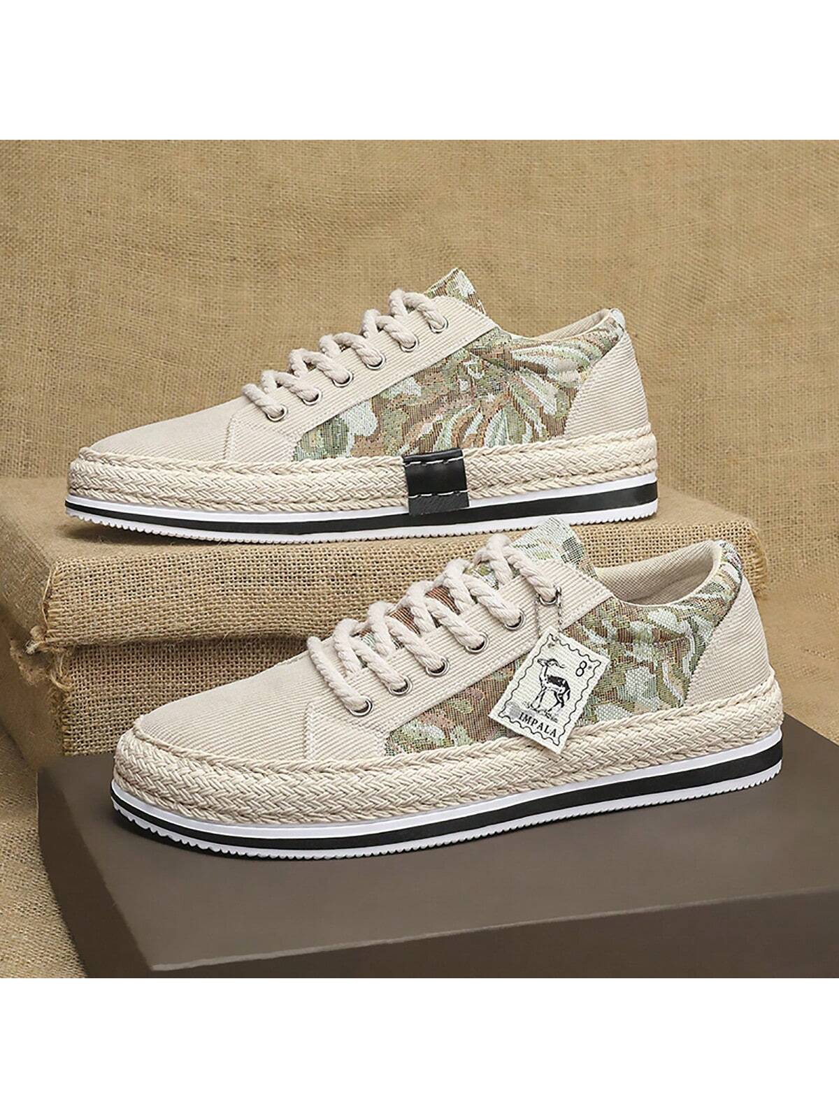 Men's Color Block Lace Up Front Sports Canvas Skate Shoes, Jute Rope Sole Casual Sneakers