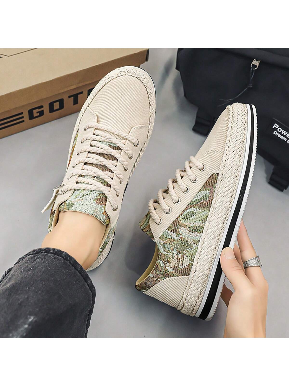 Men's Color Block Lace Up Front Sports Canvas Skate Shoes, Jute Rope Sole Casual Sneakers