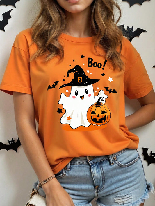 Essnce Casual Simple Ghost Boo Pumpkin Print Crew Neck Short Sleeve Slim Fit Women T-Shirt, Suitable For Summer, Halloween