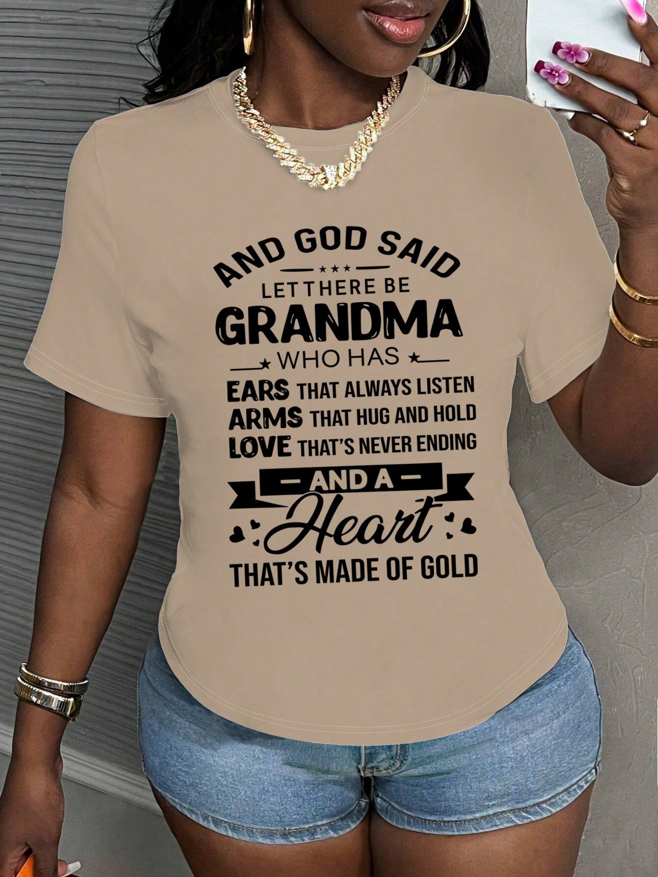 LUNE Women's Summer Casual Round Neck Short Sleeve T-Shirt With Slogan Print AND GOD SAID LET THERE BE GRANDMA WHO HAS EARS THAT ALWAYS LISTEN ARMS THAT HUG AND HOLD LOVE THAT'S NEVER ENDING AND A Heart THAT'S MADE OF GOLD Graphic Tees Women Tops