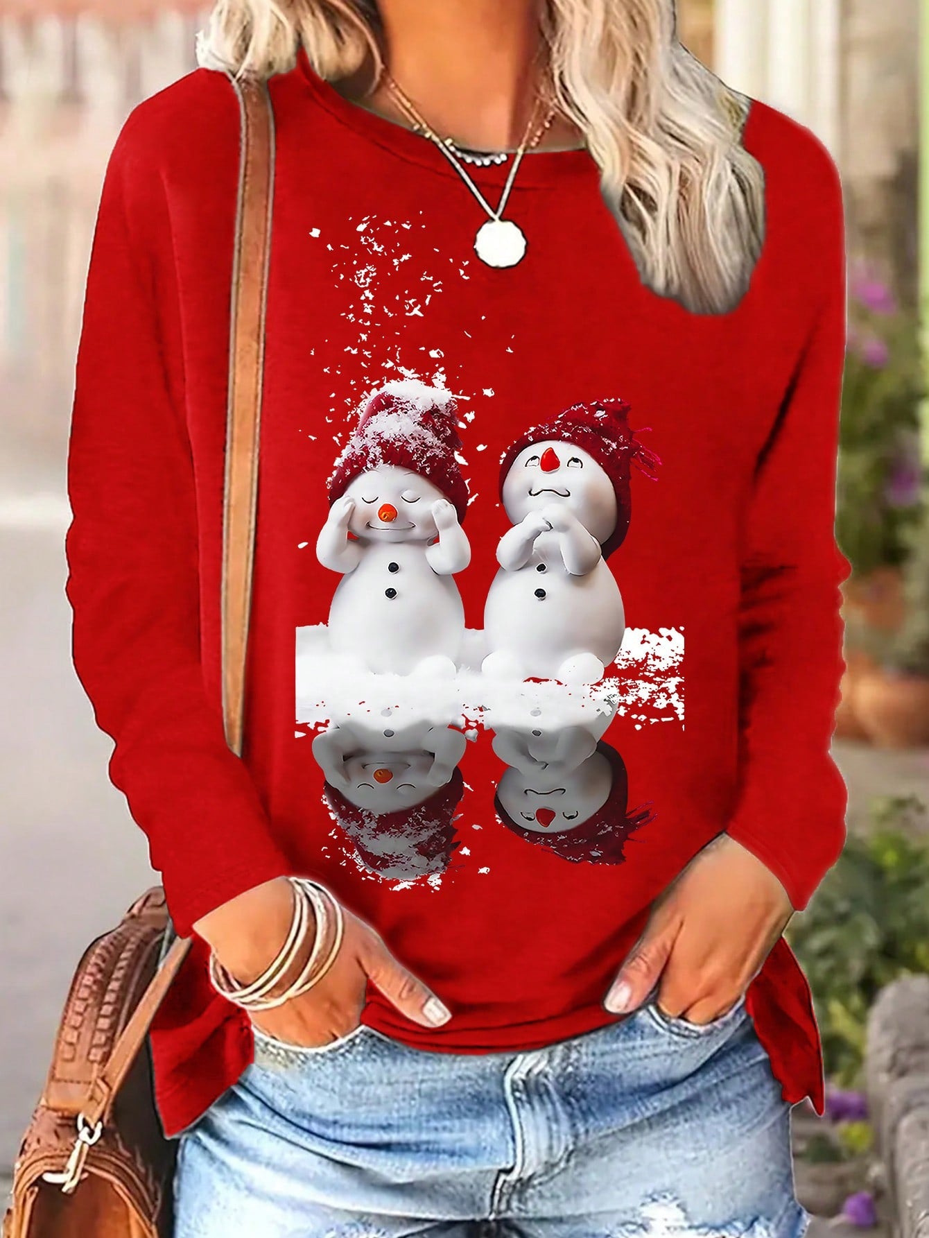 LUNE Women's Casual Snowman Print Crew Neck Long Sleeve T-Shirt, Christmas Theme