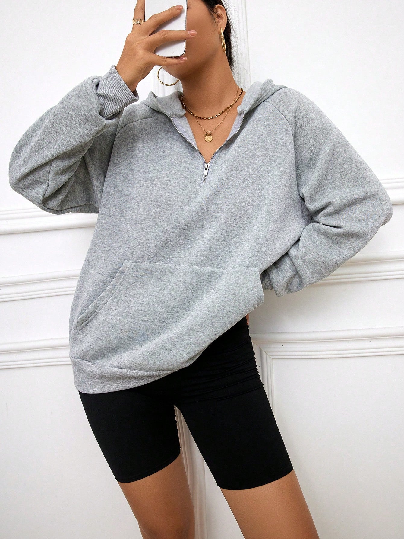 INAWLY Women Stand Collar Zipper Sweatshirt Solid Color Pocket Design, Casual And Fashionable For Daily Wear