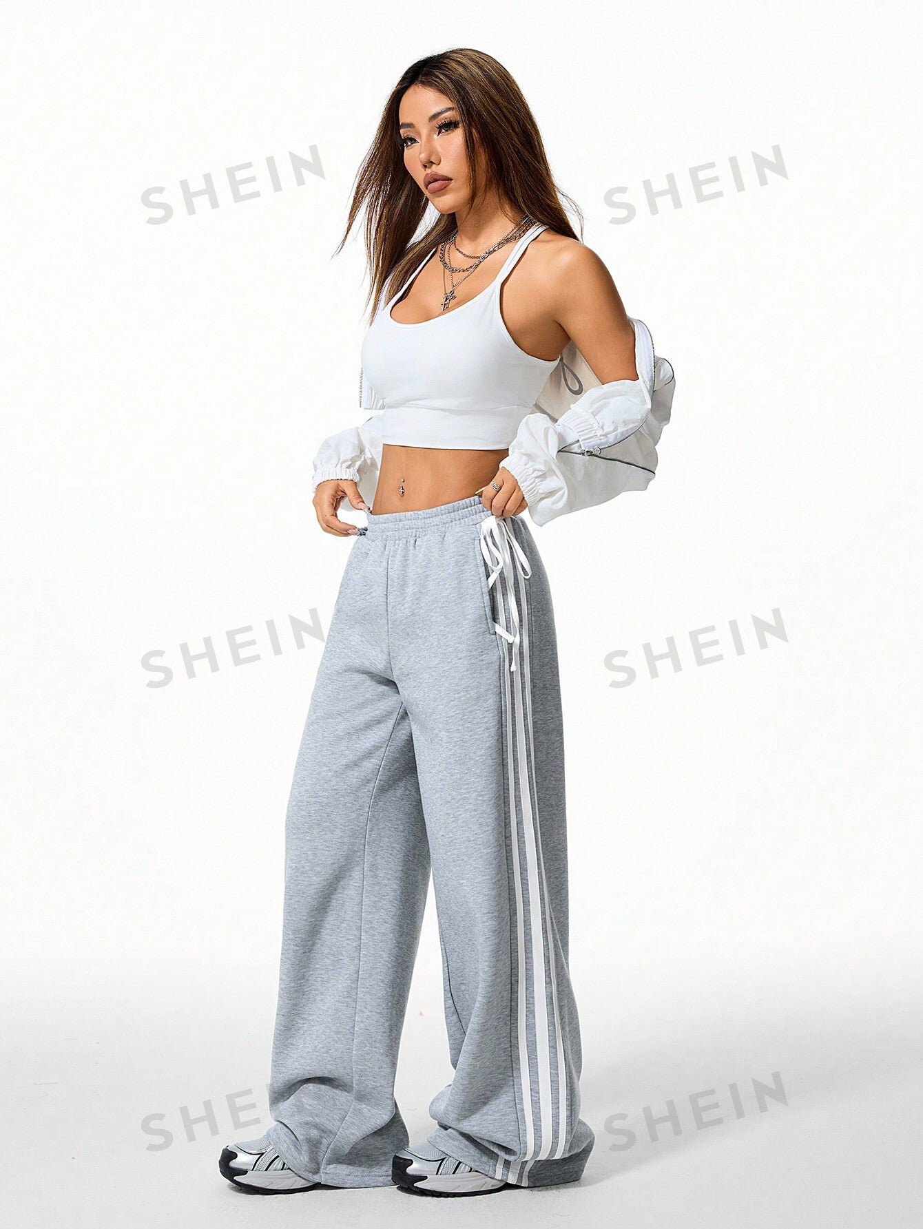 Coolane Women's Casual Streetwear Banded Texture Decoration Wide Leg Sweatpants