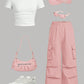 2pcs Tween Girl Ribbed Ruched Short Sleeve Tee   Pocketed Casual Pants Set