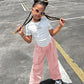 2pcs Tween Girl Ribbed Ruched Short Sleeve Tee   Pocketed Casual Pants Set